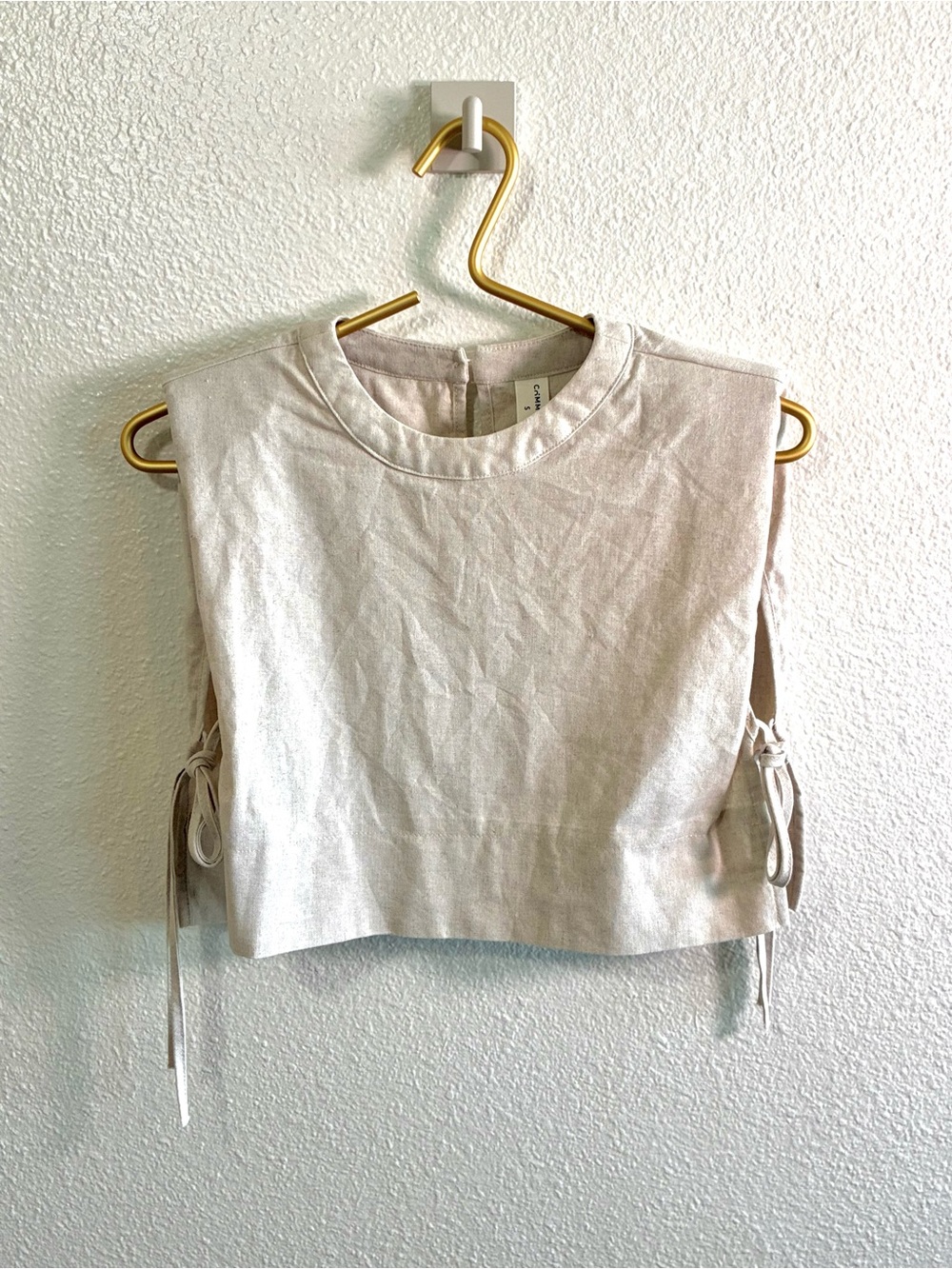 Commense Beige Linen Blend Side Tie Cropped Top Small